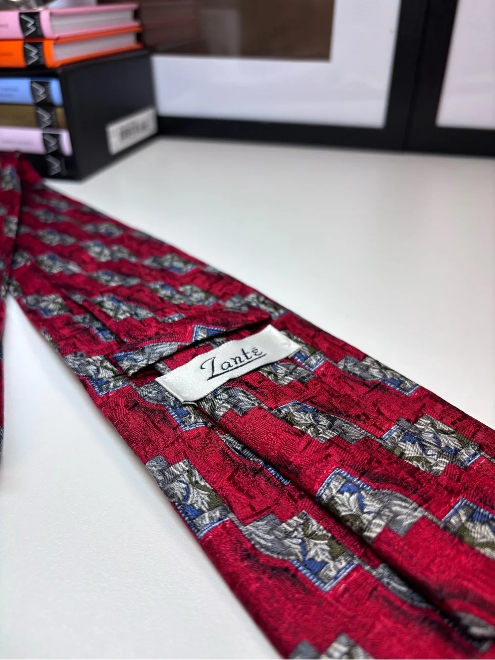 Zante Red Geometric Silk Tie with Silver and Blue Accents EUC Vintage Italian